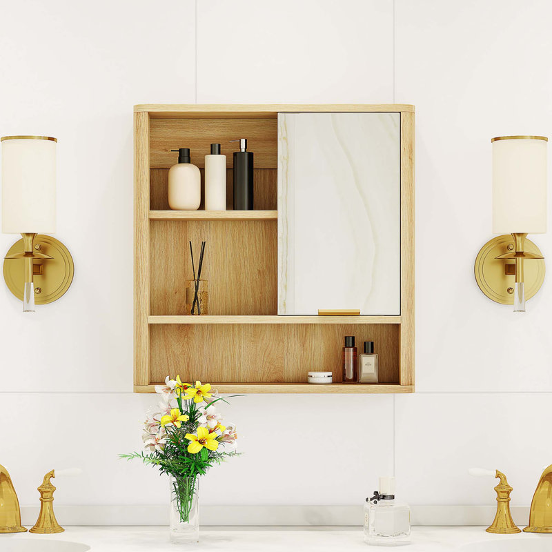 Space-Saving Wall Mounted Mirror Cabinet with Open Shelves \u0026 Single Door, Wood