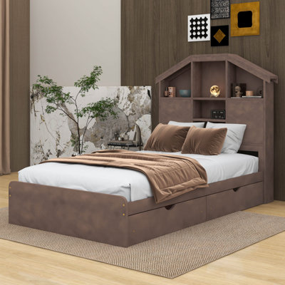 Valtin Twin Size Wood Platform Bed with House-shaped Storage Headboard and 2 Drawers -  Latitude RunÂ®, 349AE111CD8C4460A02F5C79FBF916A5