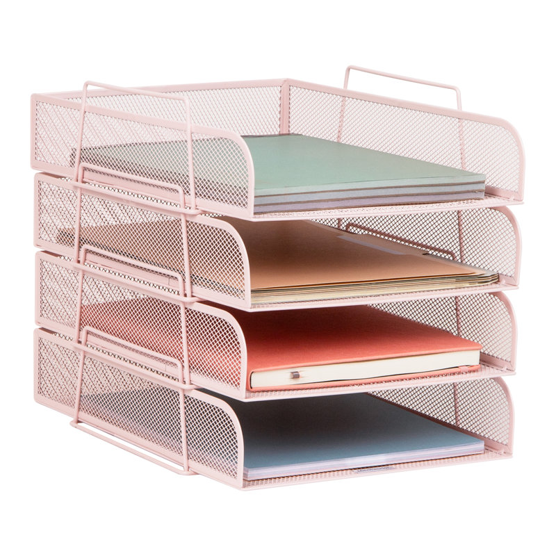 Plateau de papier empilable, organisateur de bureau, rangement pour dossiers, bureau, filet métallique, 4 pièces, rose, Rose