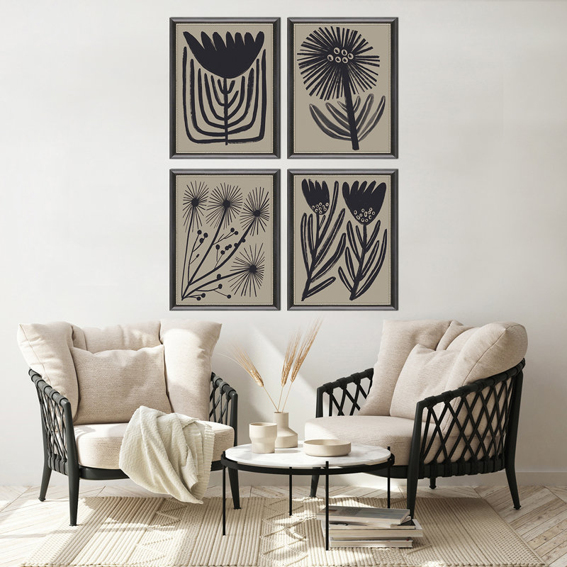 Medium Wood Framed Abstract Floral Art Set in Black and Beige