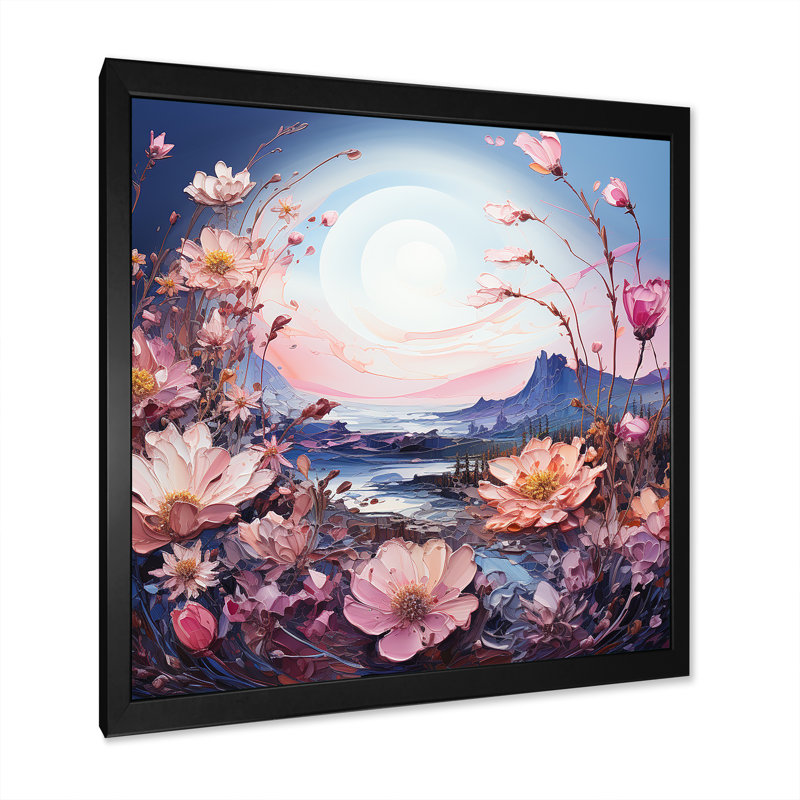 Lune mauve avec paysage de rêve, H 30 po x l 30 po x P 1 po, Cadre simple noir