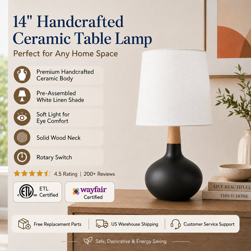 14" Modern Black Ceramic Small Table Lamp with Pre-Assembled Shade, Black
