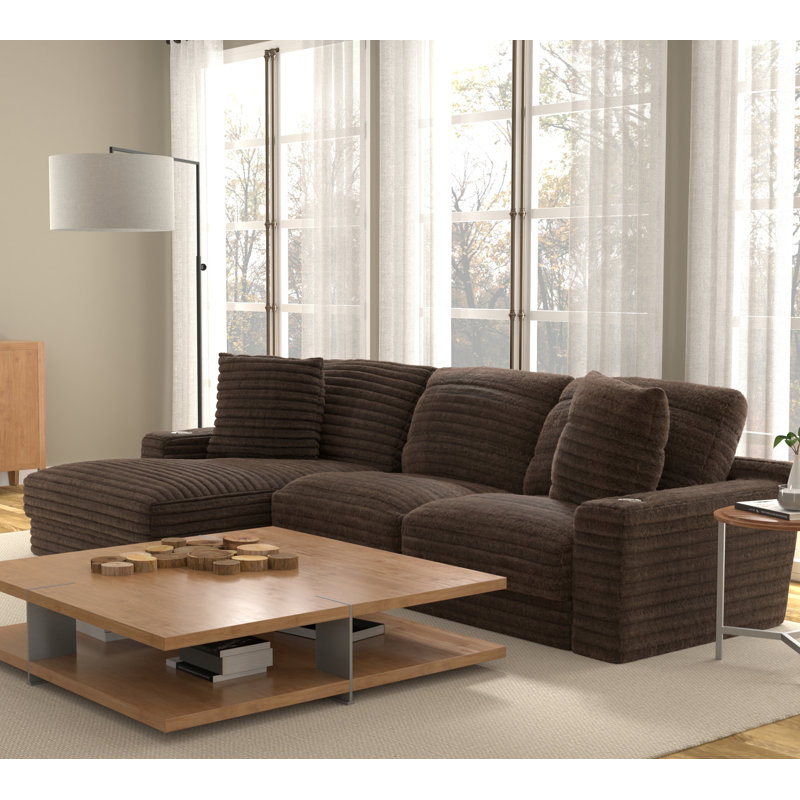 Blossie 123" W Corduroy L-Shaped Stationary Sectional, Dark Brown, Left Hand Facing