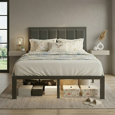 Jabril Metal Platform Bed Frame with Upholstered Headboard, LED Lights & Charging Station