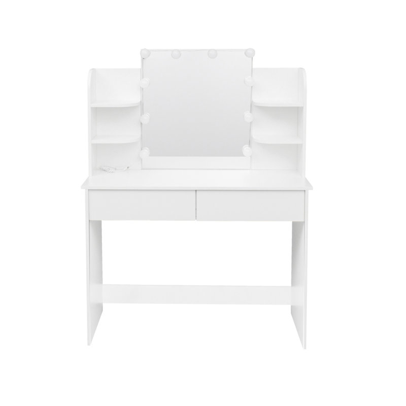 Coiffeuse moderne avec 2 tiroirs et 4 tablettes ouvertes avec miroir, Blanc