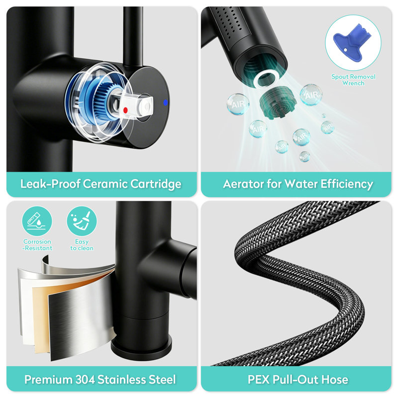 Single Lever Pull-Out Kitchen Mixer Tap With Integrated Glass Rinser, Black