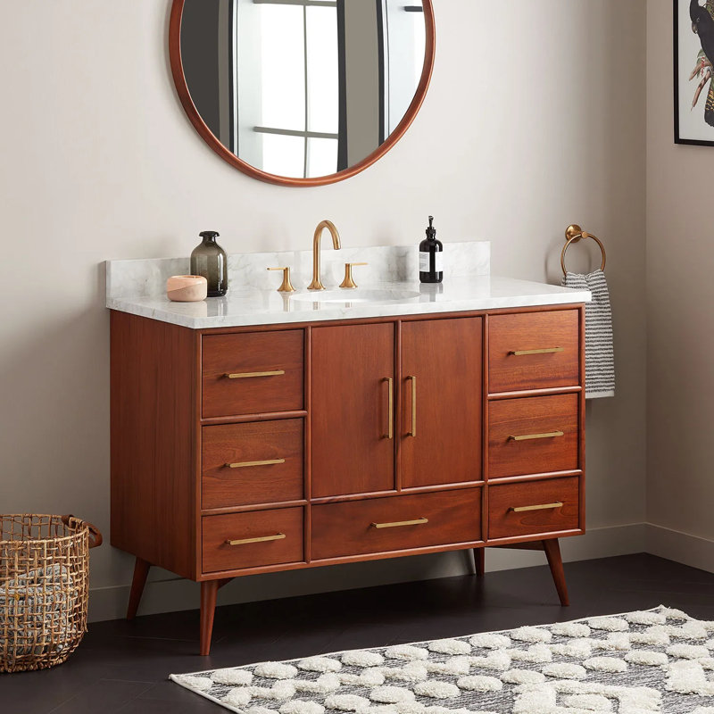 48" Novak Single Bathroom Vanity Set with Oval Undermount Sink, Natural Teak, 8" Widespread, Feathered White Quartz