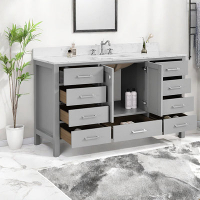 Elegant 60'' Wood Vanity Cabinet With Sink, Modern Gray Design