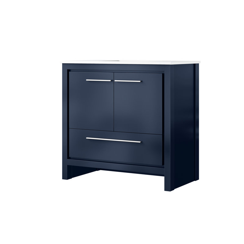 Bleu marine 36 po L 20 po x P 20 po - comptoir en quartz blanc, structure en bois massif, fermeture en douceur, égratignure et teinture, armoire intérieure, tablette ouverte avec tiroirs pour l'espace de rangement, robinet pré-percé de 36 po x 20 po