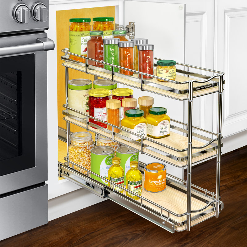 Narrow 3-Tier Wood and Chrome Pull-Out Spice Rack