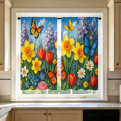 2D Printed Kitchen Curtain Short Panels 1 Pair Washable To Install Suitable For Bedroom Bathroom