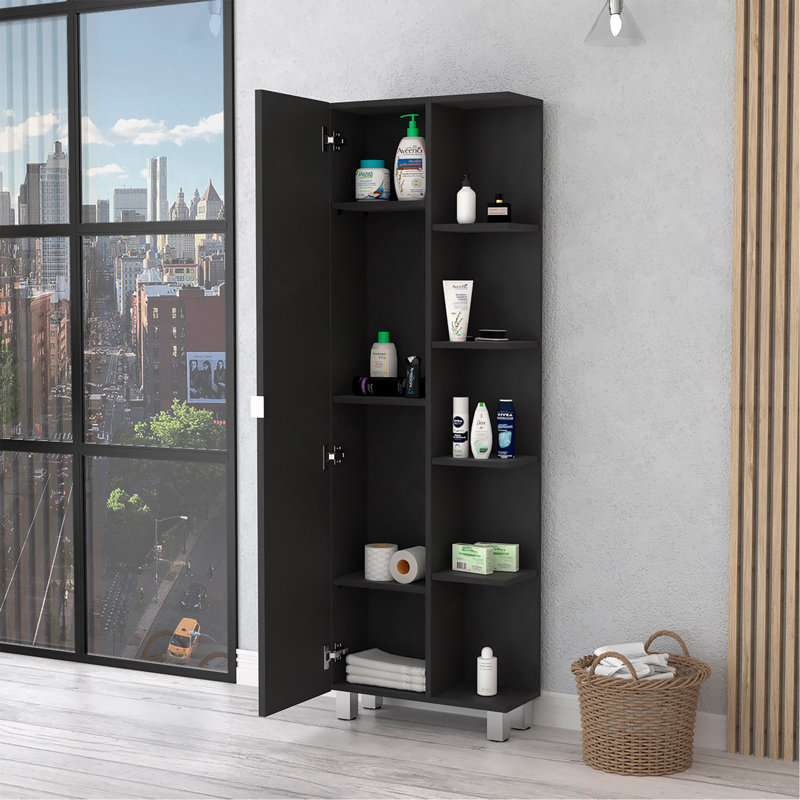 Armoire à linge miroir Urano, quatre tablettes intérieures, cinq tablettes extérieures, Noir