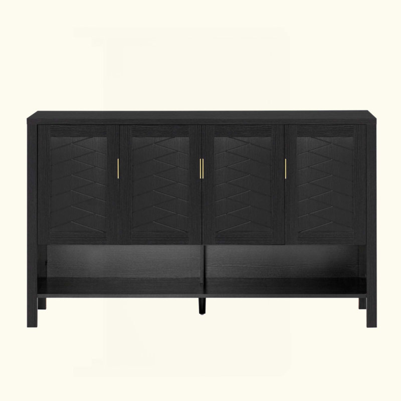 Buffet de rangement à 4 portes, buffet multifonctionnel avec tablette ouverte et 2 tablettes réglables à 2 niveaux, armoire moderne avec crochets doubles, convient au salon, au couloir, à la salle à manger et au bureau.