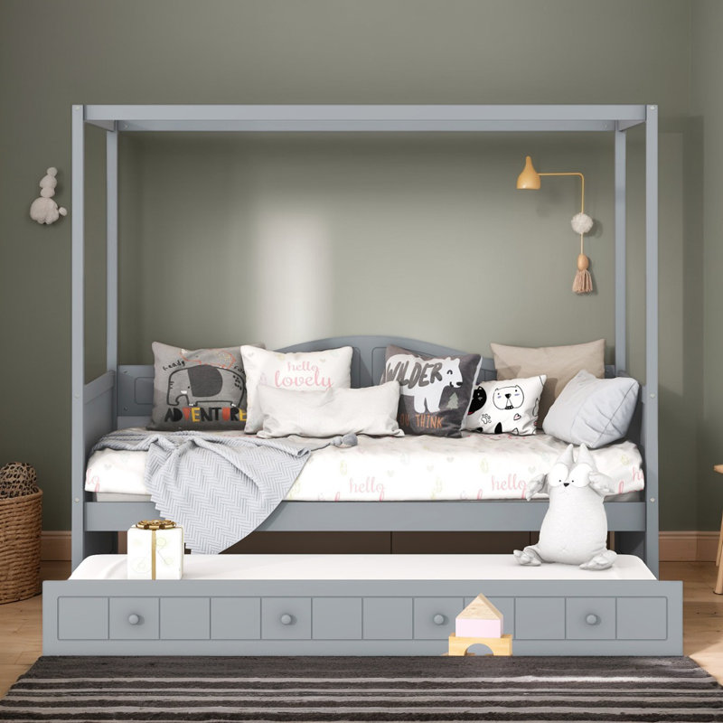 39“/78” Upholstered Daybed, Twin Size Canopy Day Bed With Twin Size Trundle For Guest Room, Bedroom, Living Room, Gray