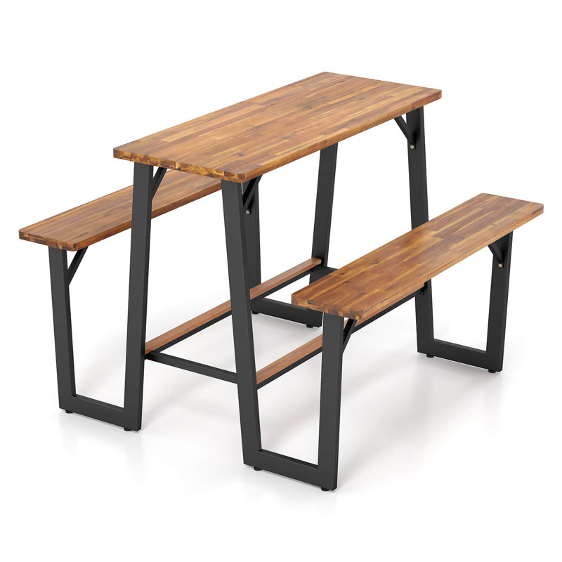 Patio Picnic Table Bench Set with Acacia Wood Tabletop Benchtop Built-in Footrests