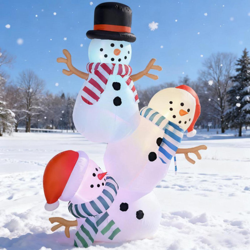 Présentoir de Noël 8,2 pi avec trois bonhommes de neige empilés avec lumières DEL