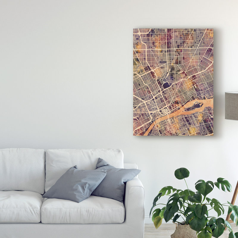 « détroit michigan city map ii », impression sur toile tendue, H 47 po x l 35 po x P 2 po