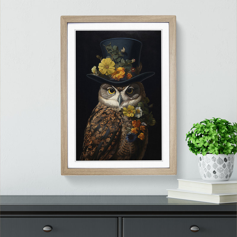 Owl Baroque - Single Picture Frame Print on Wood, Oak, 34cm H x 25cm W x 2cm D