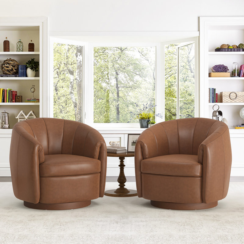 Seraphina Top Grain Leather Swivel Barrel Chair, Brown
