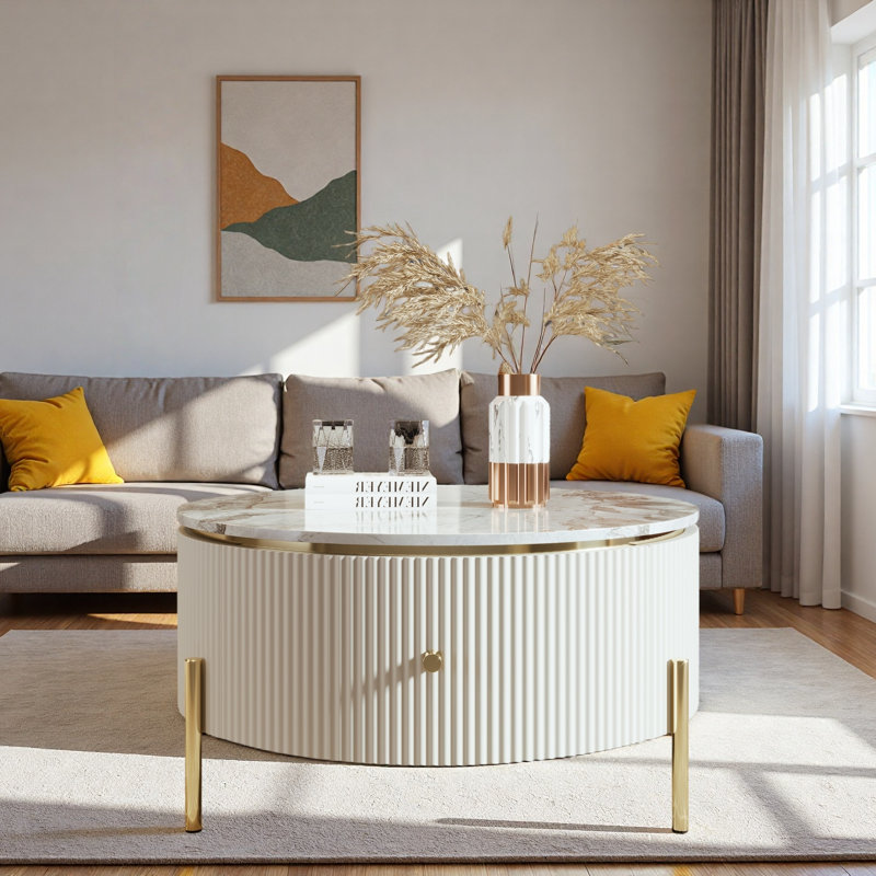 Modern Round Coffee Table With 2 Large Drawers