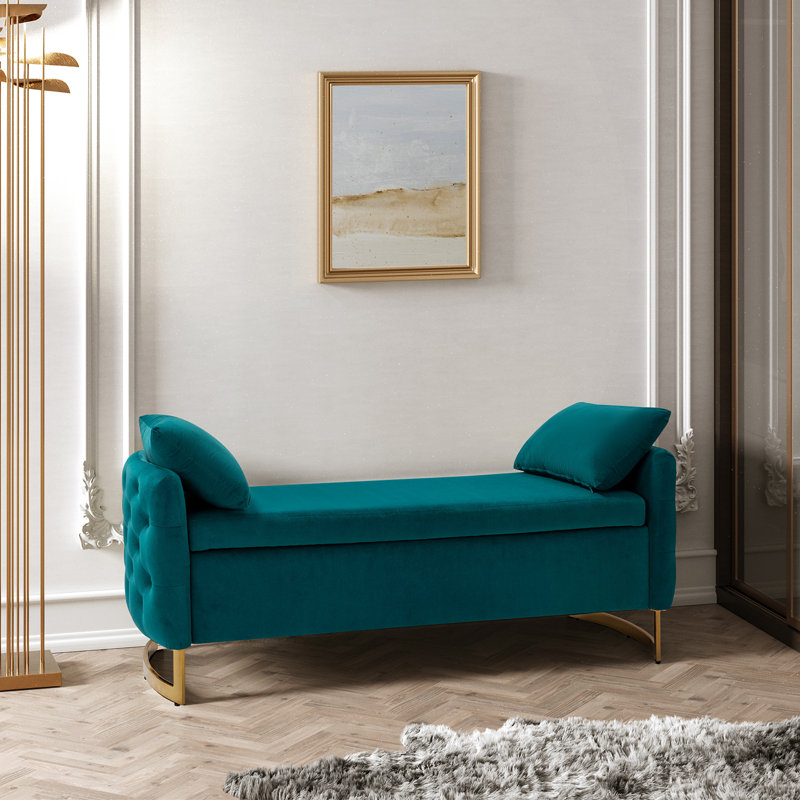 Aristides 58.5" W Upholstered Flip-Top Storage Bench with Two Pillows, Teal