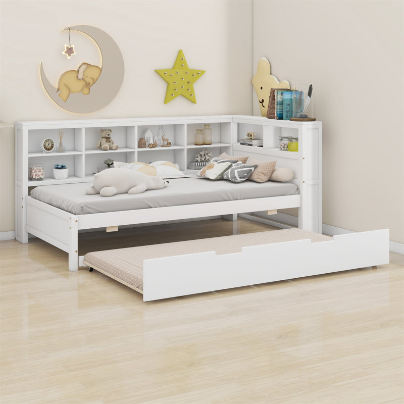 Wooden Daybed With Trundle, Daybed With Storage Shelf And USB Charging Ports, White