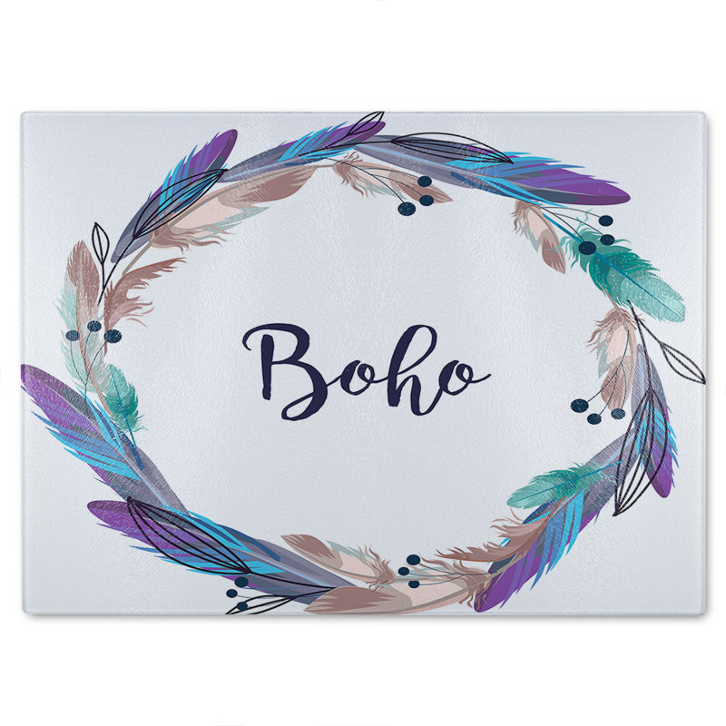 Boho Style Wreath Feathers Glass Chopping Board, 28cm L x 20cm W