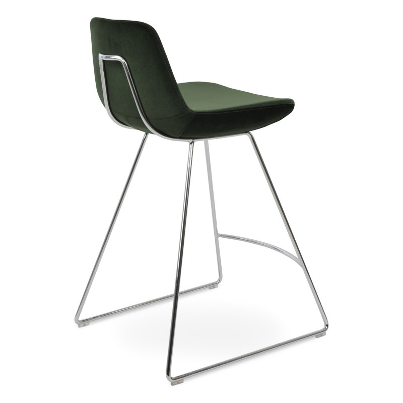 Tabouret de bar et de bar en velours vert Pera HB, Chrome, Tabouret de comptoir (siège d'une hauteur de 24 p