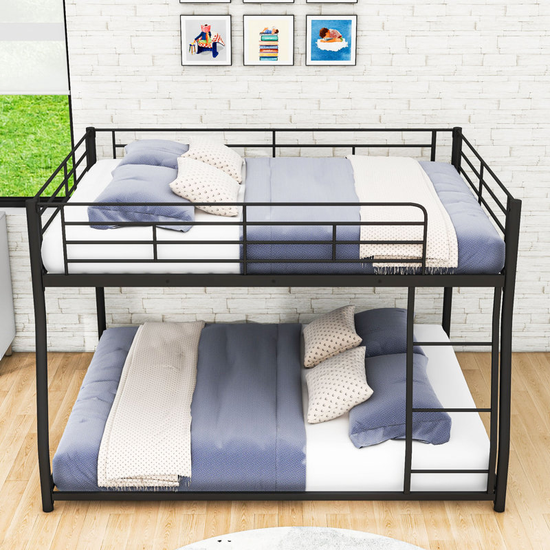 Metal Bunk Bed With Ladder And Guardrails, Full XL Over Queen