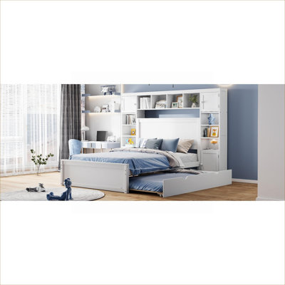 Storage Solid Wood Bed Frame, Clean White Full Size with Twin Trundle, Integrated Cabinets, Shelves and Built-In Sockets for Residential Bedroom Use