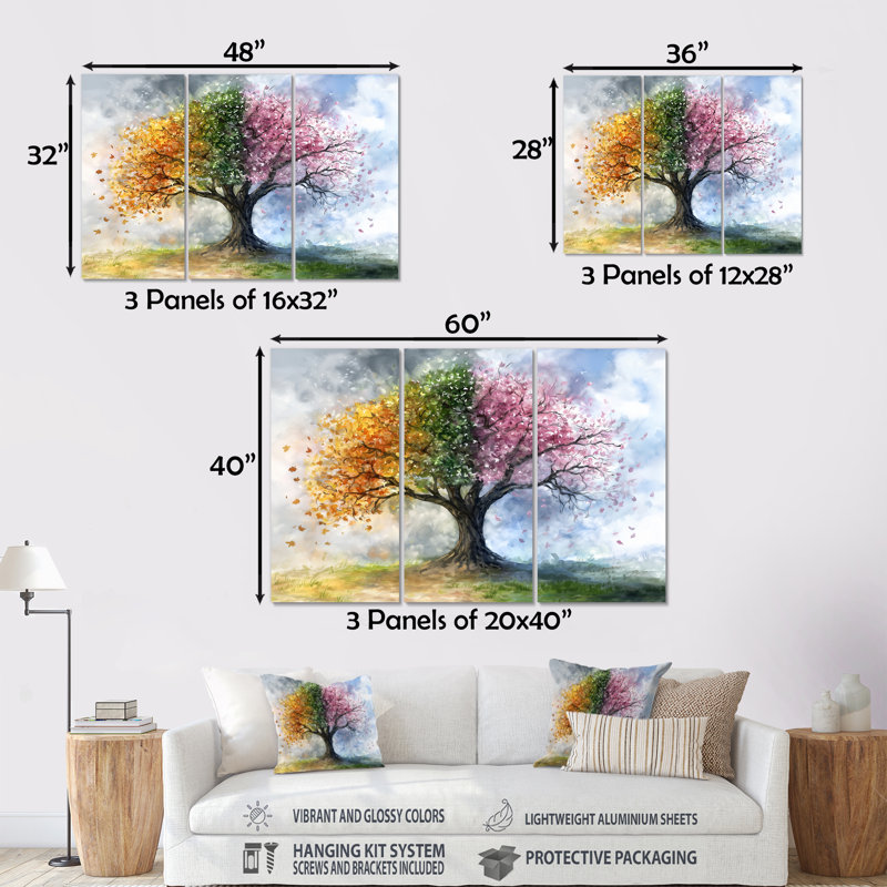 Arbre rose avec quatre saisons - ensemble d'art mural arbre de vie, Métal métal, H 40 po x l 60 po x P 1 po