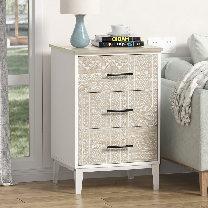 Lataja 3-Drawer Nightstand 28"H End Table White frame carved surface