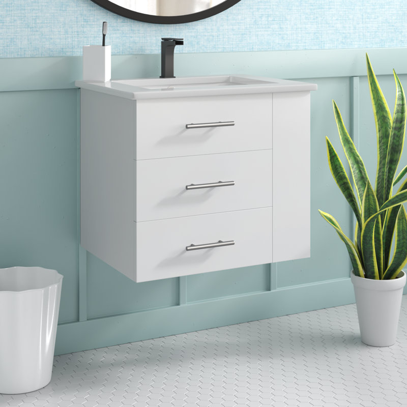 Aurilla 24 in. Single Sink Wallmount Bath Vanity with White Ceramic Countertop in Matte White with Right Side Shelf, White