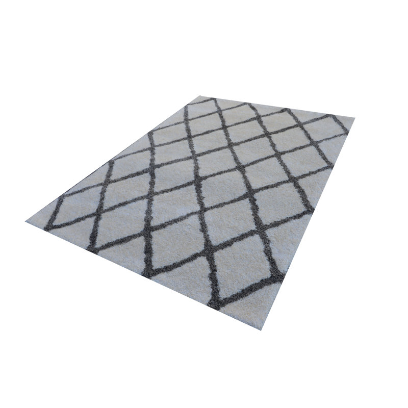 Tapis décoratif à poils longs fabriqué à la main à motif géométrique de couleur crème/gris, Rectangle 8 pi 9 po x 11 pi 9 po