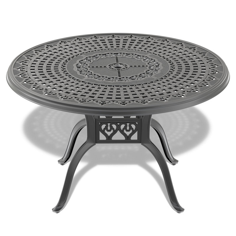 Table de salle à manger 48 pouces avec cadre noir en fonte d'aluminium et trou pour parasol