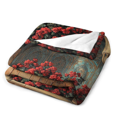 Jeté en flanelle de luxe avec fleurs rouges rouges en alcôve, couverture douce et chaude pour le canapé-lit du salon