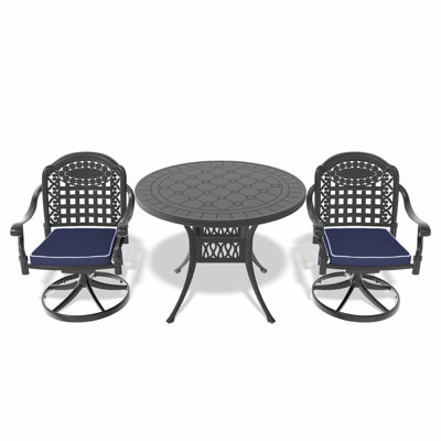 Ensemble de salle à manger 3 pièces en aluminium coulé toutes saisons comprenant 2 chaises pivotantes et une table ronde de 39,37 po avec structure noire