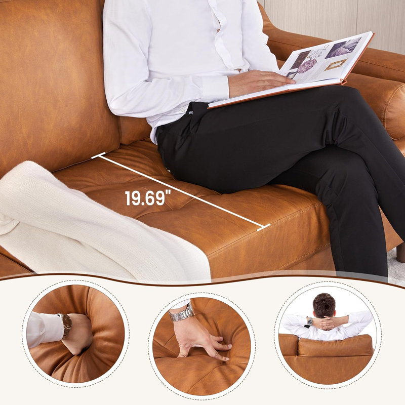 88.9" L-Shape Leather Sectional with Chaise, Cognac Tan, Orange