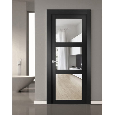 Solid Interior French Pre-Hung Door | Lucia 2555  With Clear Glass | Single Regular Panel Frame Trims Handle | Bathroom Bedroom Sturdy Doors