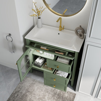 35.6" Mid-Century Bathroom Vanity Sink With Patterned Glass & Motion-Sensor Light Strip, Farmhouse Freestanding Bathroom Vanity Sink With Storage, High-End Restroom Vanity Cabinet,Green