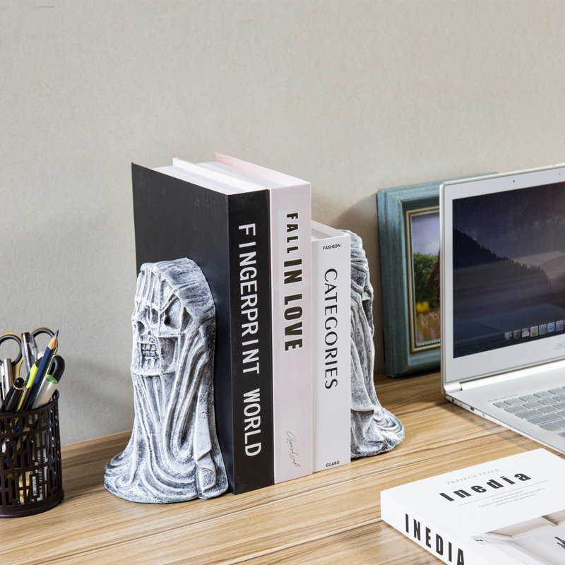 Gothic Skull Bookends – Resin Decorative Horror-Themed Book Holder for Shelves, Office, and Halloween Décor