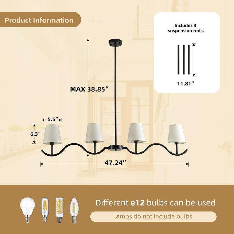 Éclairage pour îlot de cuisine, luminaire de style campagnard, lustre linéaire à 4 lumières avec abat-jour en tissu, luminaire pour îlot de cuisine à hauteur réglable (noir)