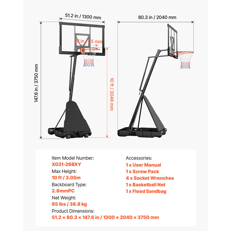 Portable Basketball Stand, 10 ft Height Adjustment Basketball Hoop & Goal, Basketballs Hoop Outdoor with 50 inch PC Backboard for Kids, Adults in Schools, Parks,  Indoor & Outdoor Use