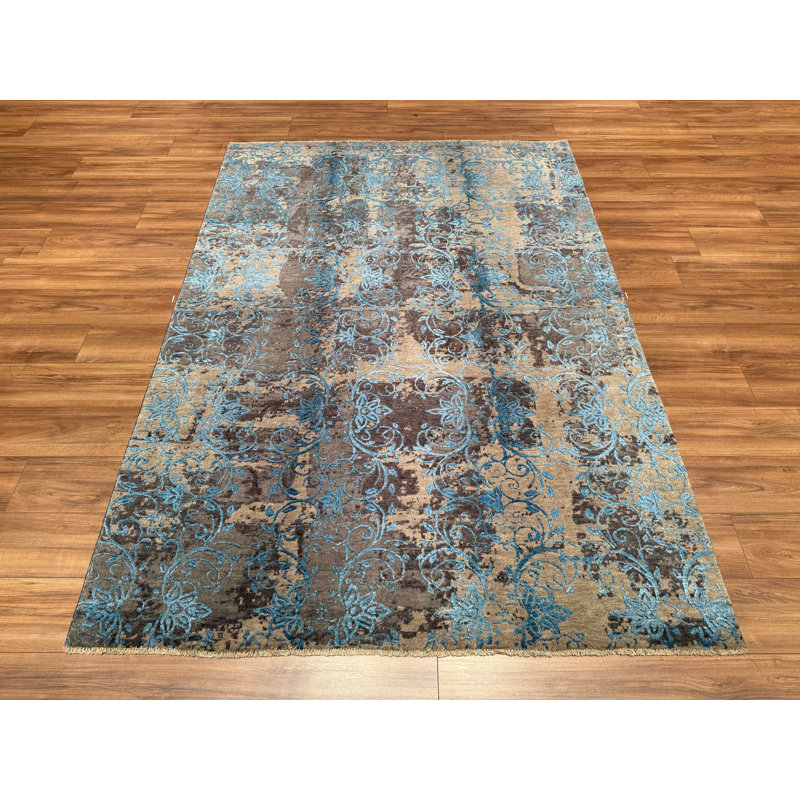 Tapis bleu original en laine noué à la main à motif traditionnel