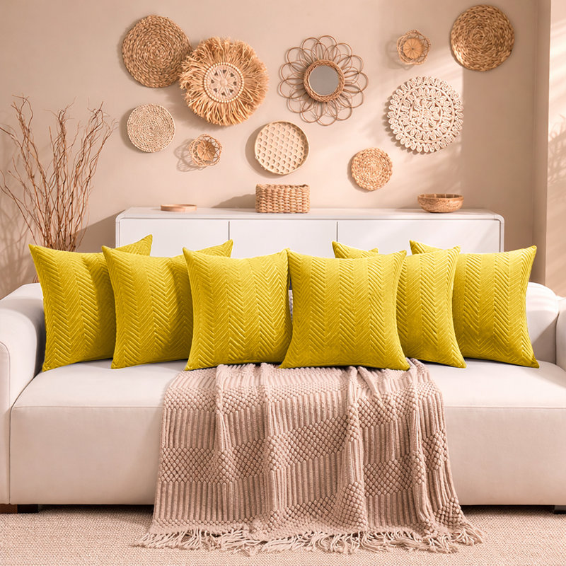 Aspire Homeware Embossed Square Velvet Cushion Cover, Ochre, Pack of 6