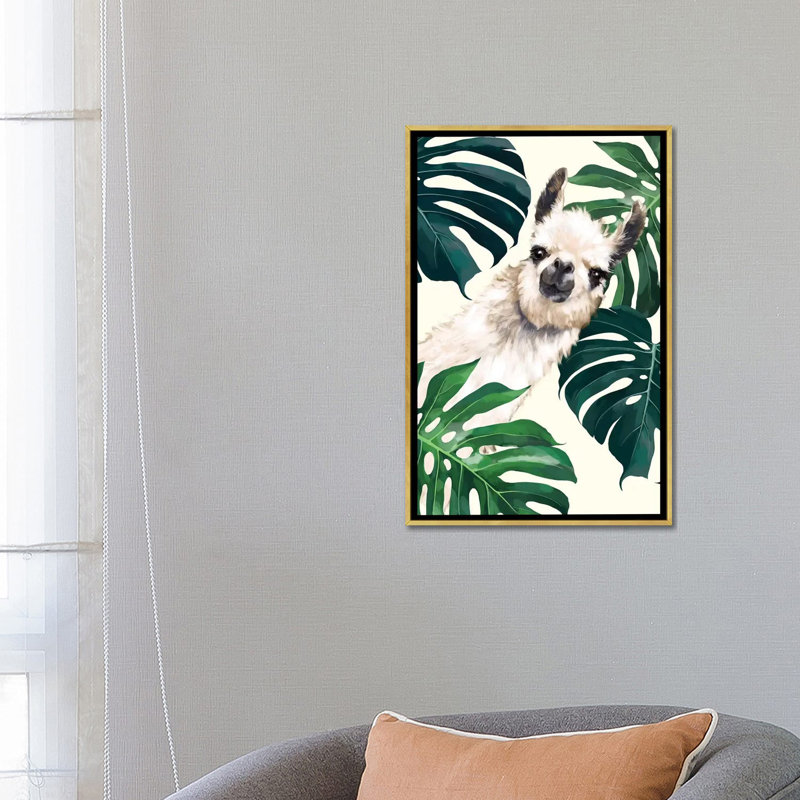 Lama sournois avec art Monstera, H 26 po x l 18 po x P 1,5 po, Toile encadrée d'or