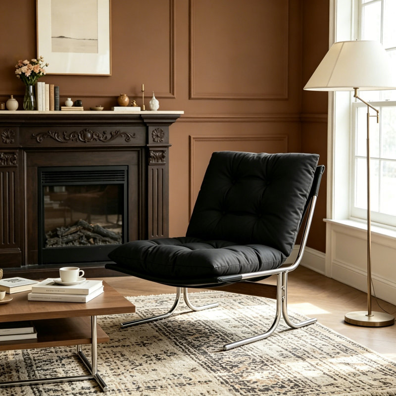 Chaise d'appoint rembourrée en cuir avec pieds en métal, Noir