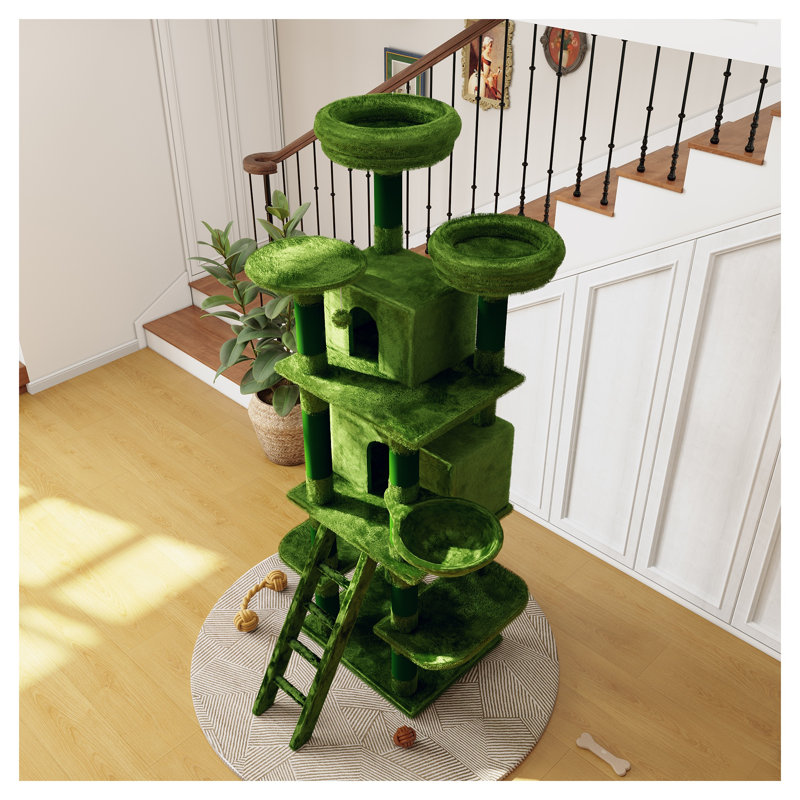 Grand arbre à chat 70,87 "à plusieurs niveaux avec 2 condos, hamac et poteaux à griffer en sisal - Grande tour verte pour chats d'intérieur