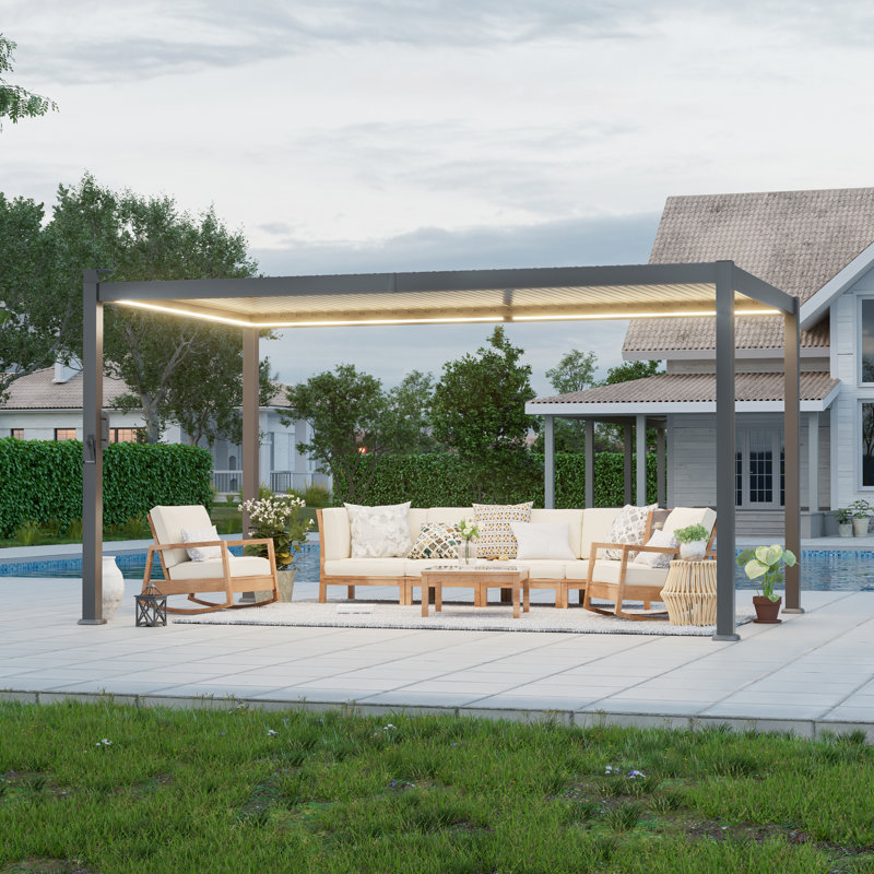 LED Louvered Pergola,Outdoor Pergola with LED Strip Lights, Adjustable Roof Metal Pergola for Patio & Garden, 9 ft x 14 ft