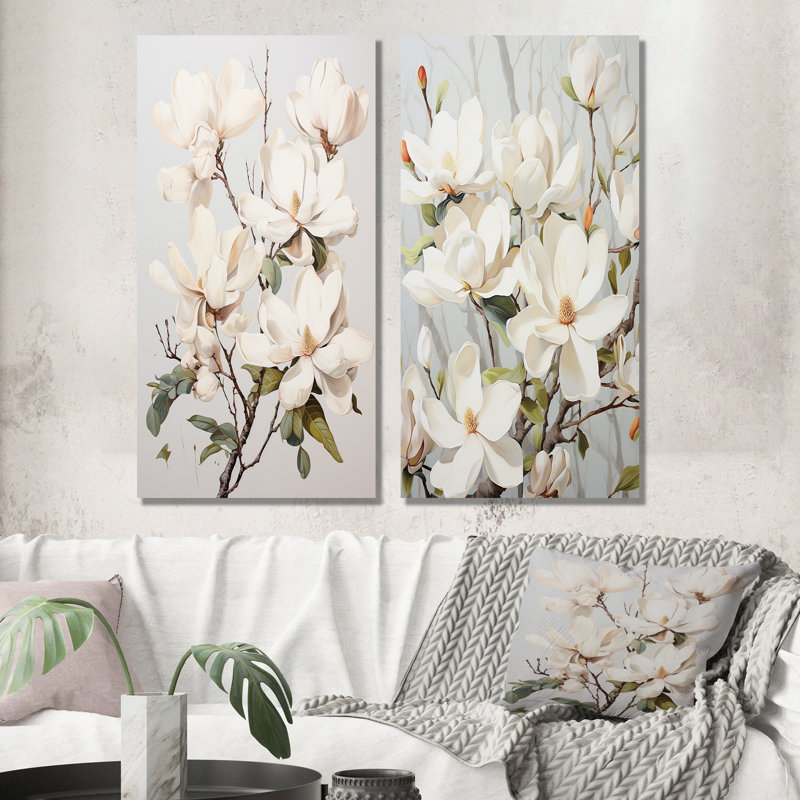 Ensemble de 2 reproductions d'art murales en métal beige et vert Magnolias, H 28 po x l 24 po